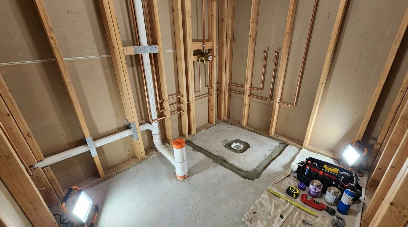 Bathroom rough-in plumbing during remodel by Johns Plumbing LLC in Washington