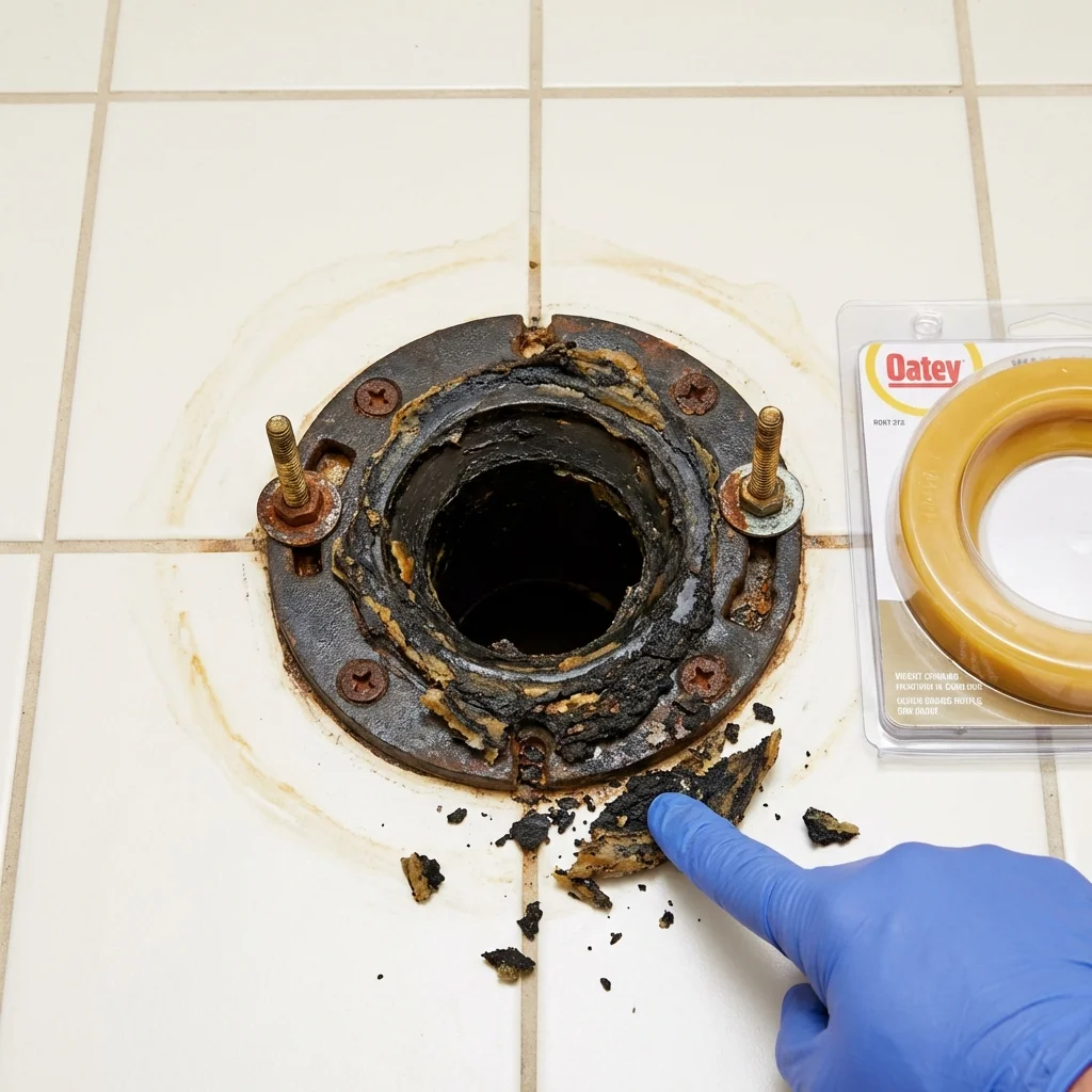 Failed wax ring showing water seepage at the base of a toilet in a Washington, WV home