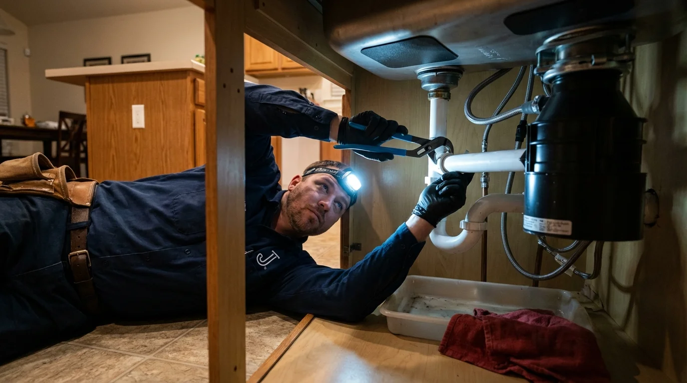 P-trap and supply line connections under a kitchen sink showing a common leak point in Washington, WV